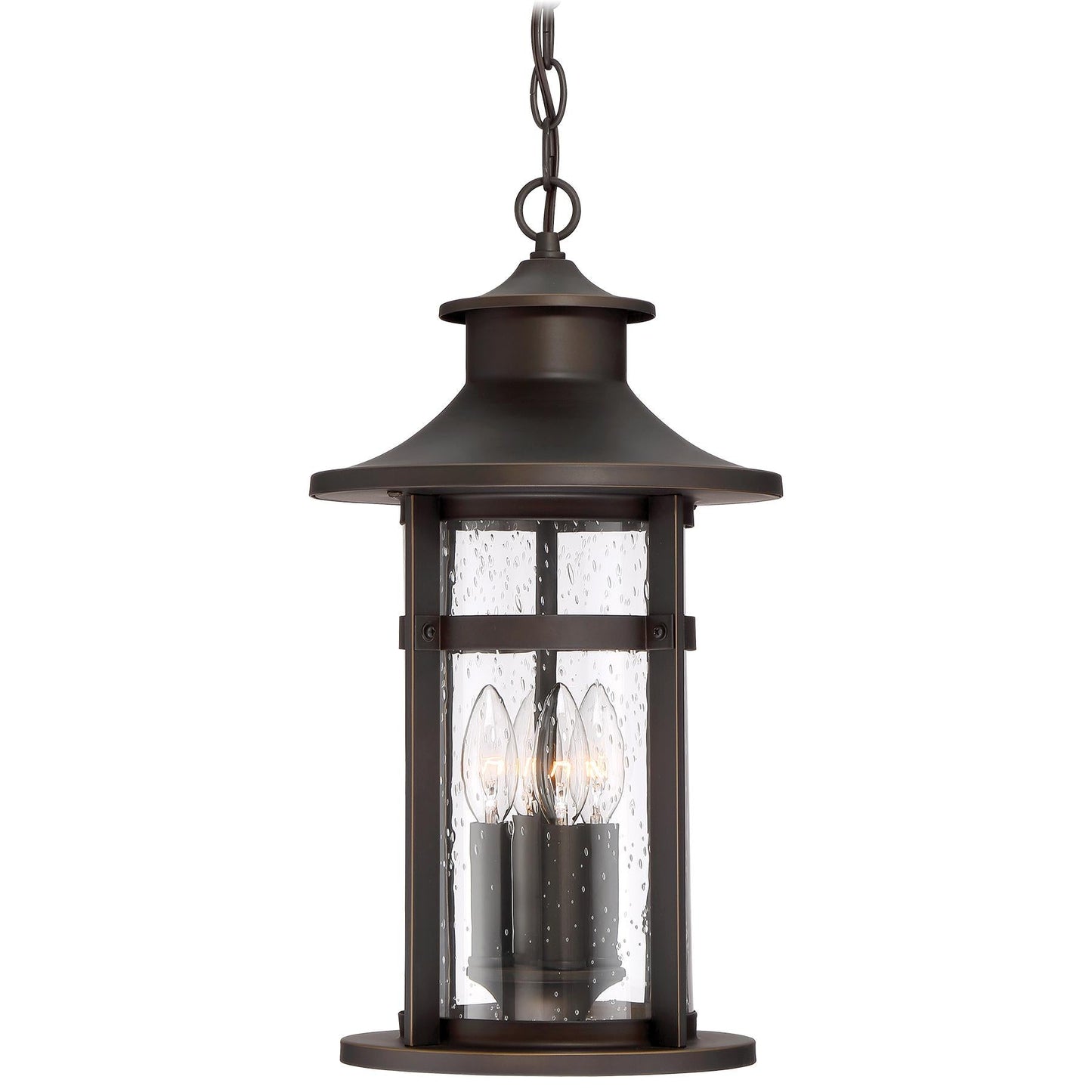 Highland Ridge 3-Light Outdoor Chain Hung In Oil Rubbed Bronze With Gold High & Clear Seeded Glass
