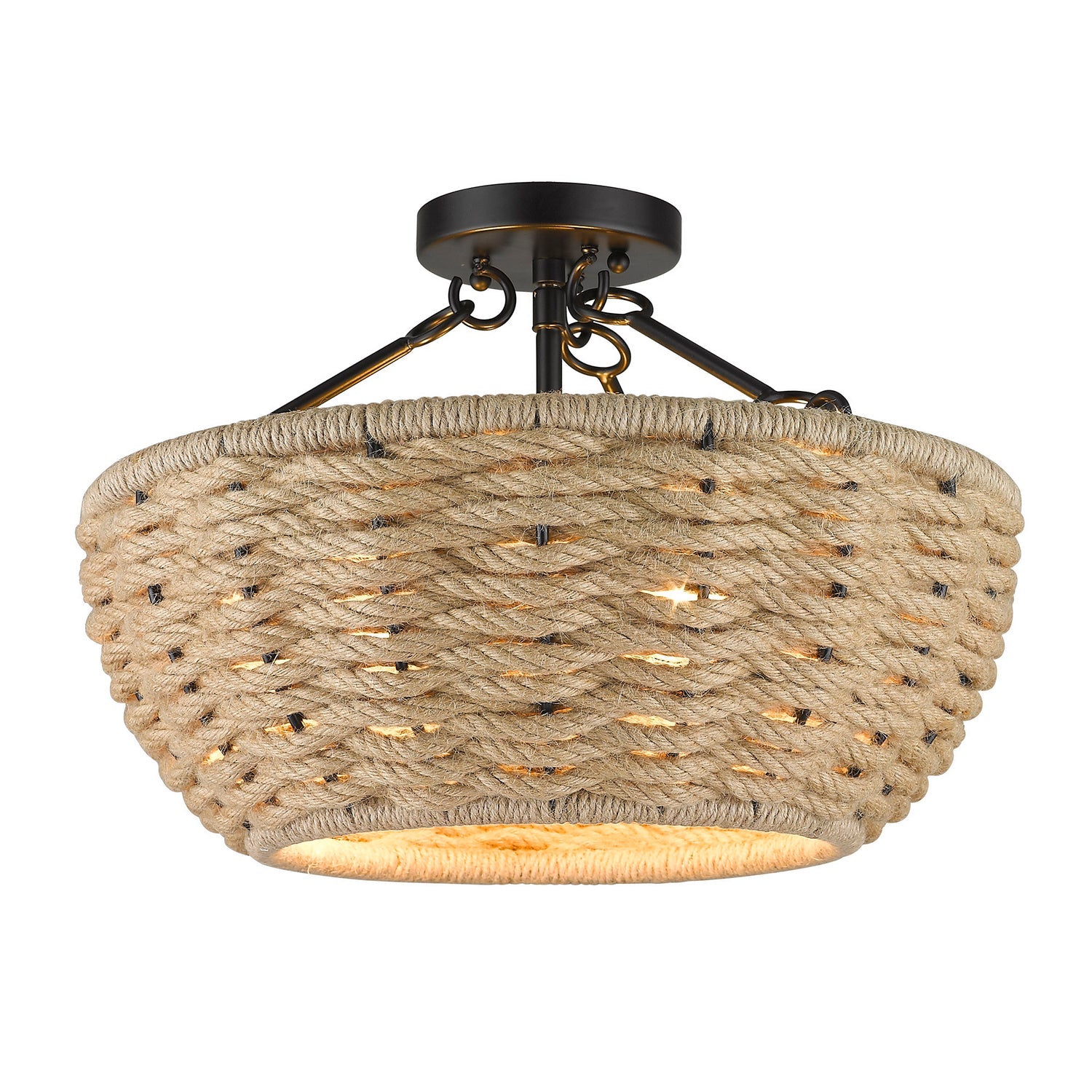 Golden Lighting Hathaway Semi-Flush In Matte Black With Woven Hemp Rope Shade