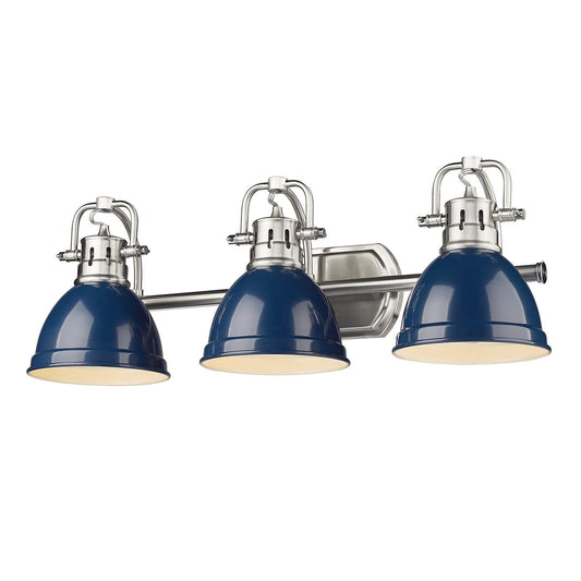 Golden Lighting Duncan 3-Light Bath Vanity In Pewter With Navy Blue Shade