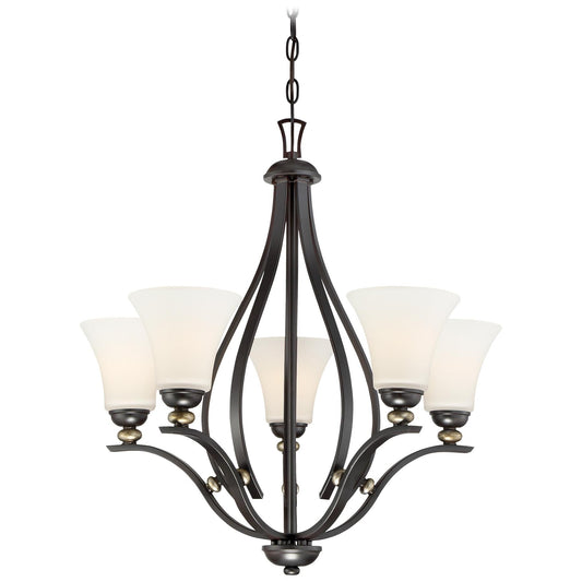  Shadowglen 5-Light Chandelier In Lathan Bronze With Gold Highli & Etched White Glass