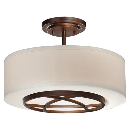  City Club 3-Light Semi-Flush Mount In Dark Brushed Bronze (Painted) With Glass & Fabric Shade