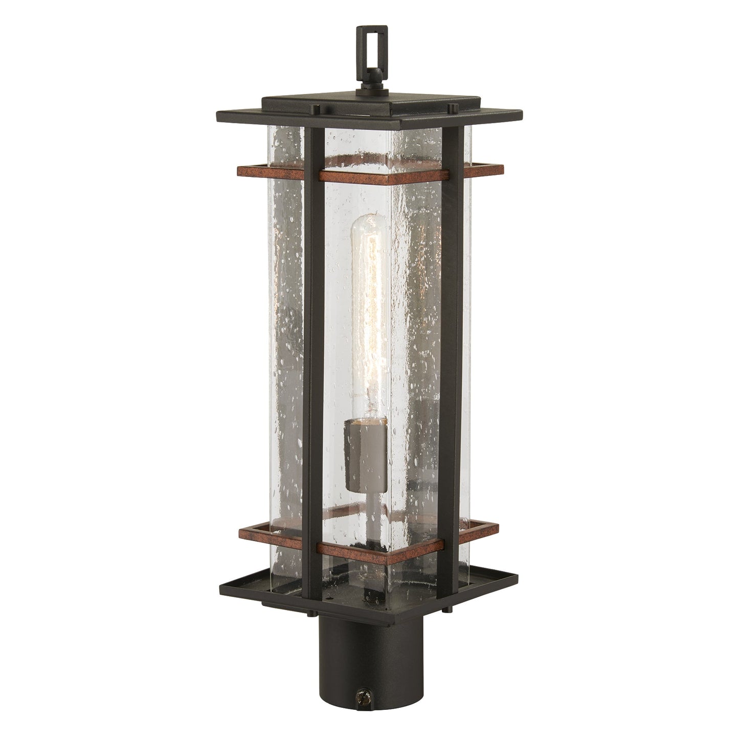  San Marcos 1-Light Post Mount In Coal With Antique Copper Accents & Clear Seeded Glass