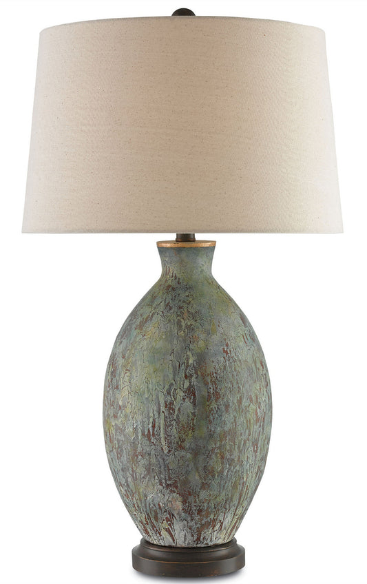  Remi 1-Light Table Lamp In Green & Dark Red & Bronze Gold With Flax Linen Shade