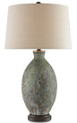  Remi 1-Light Table Lamp In Green & Dark Red & Bronze Gold With Flax Linen Shade