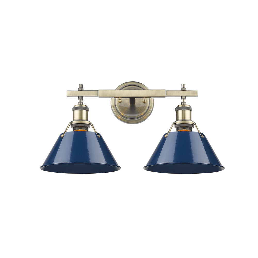 Golden Lighting Orwell 2-Light Bath Vanity In Aged Brass With Navy Blue Shades