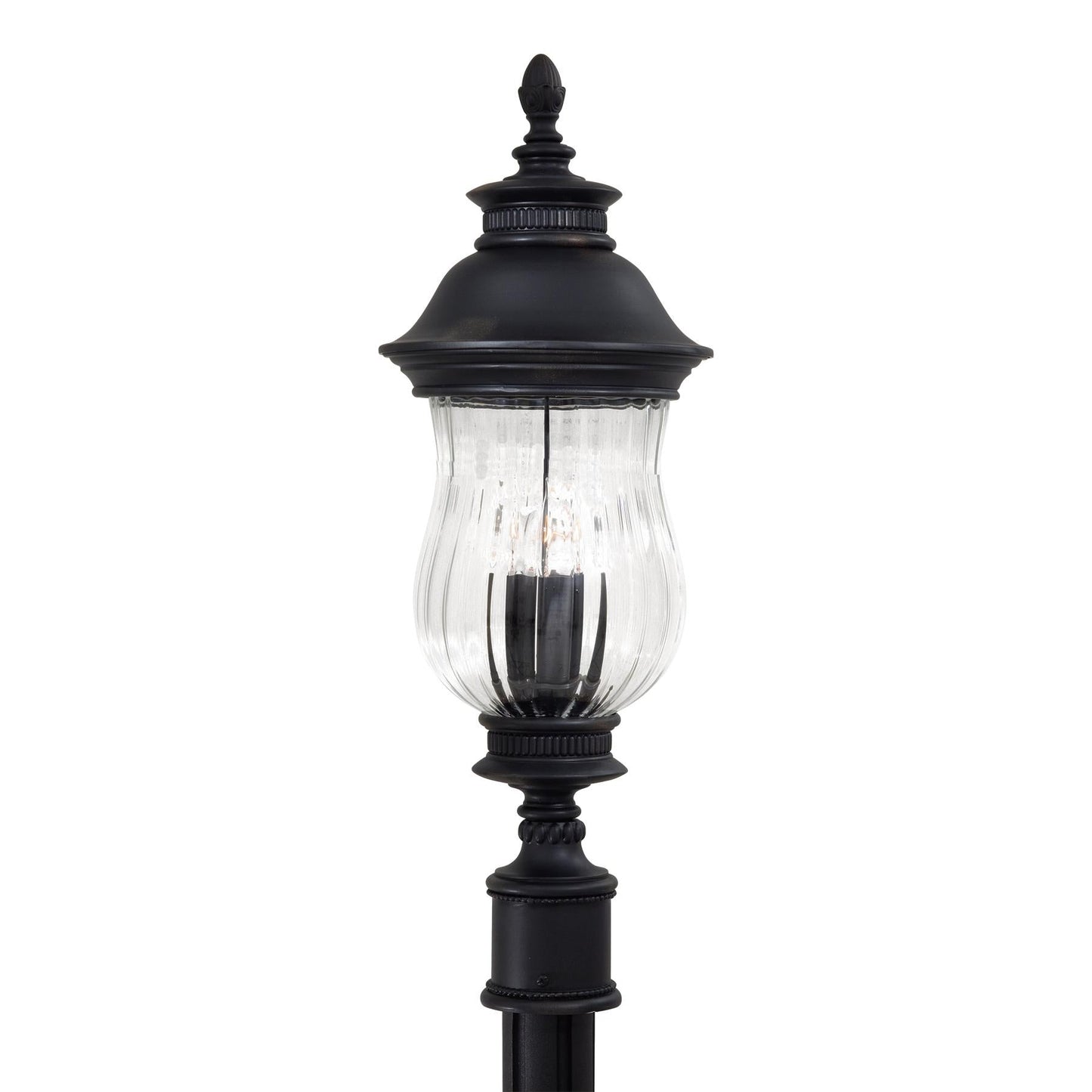  Newport 3-Light Post Mount In Heritage & Mouth Blown Clear Optic Glass