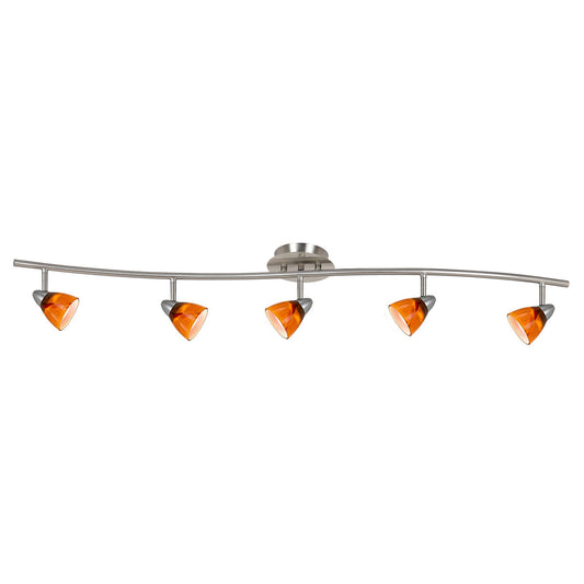  5-Light Pendant In Brushed Steel With Amber Spot Glass