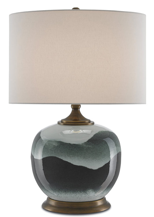  Boreal 1-Light Table Lamp In White & Green & Antique Brass With White Linen Shade