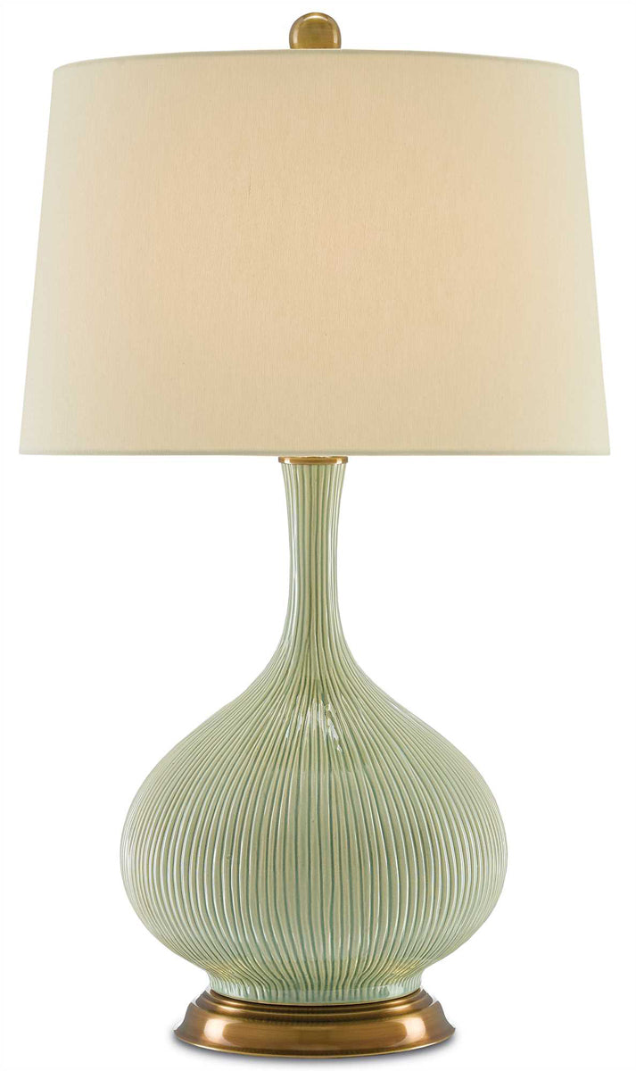 Cait 1-Light Table Lamp In Grass Green & Antique Brass With Tan Sand Linen Shade
