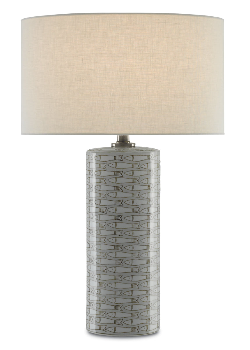  Fisch 1-Light Table Lamp In Gray & White & Antique Nickel With Off-White Linen Shade