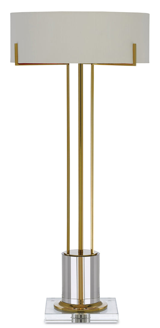  Winsland 2-Light Table Lamp In Polished Brass & Clear With Off-White Shantung Shade